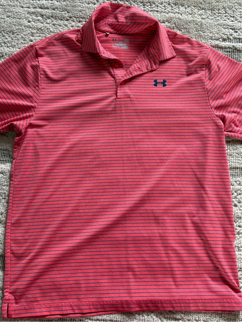 Under Armour Mens Coral Red Striped Polo with Navy Logo, Size Large
